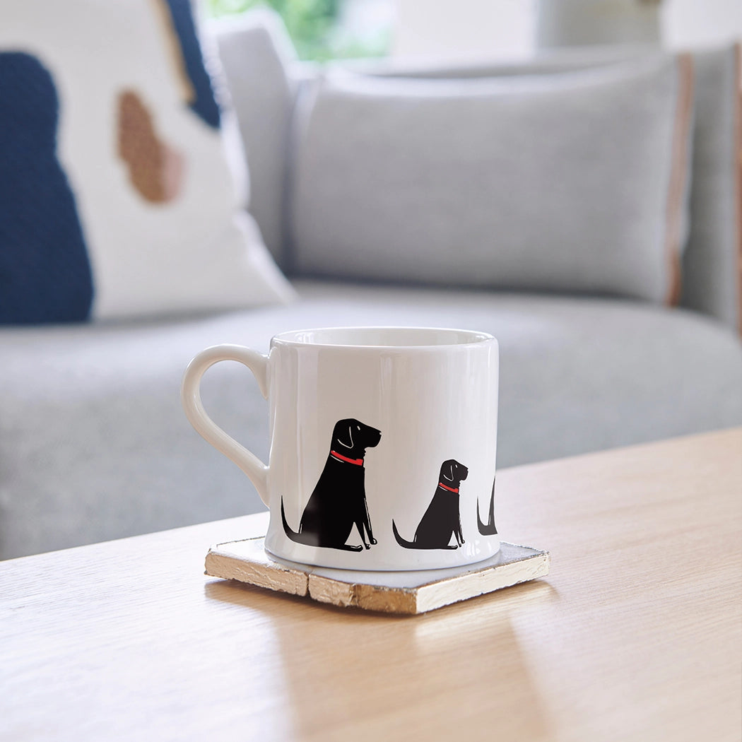 Black Labrador dog mug featuring a sweet William design by Cornucopia Home and Gift, shown in a close-up view of the mug.