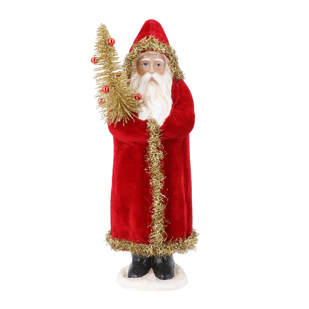 Papier Mâché Santa Ornament 23cm Red Coat with Gold Tinsel