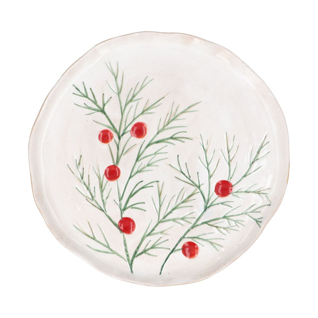 Fir &amp; Red Berries Stoneware Round Plate - 21cm