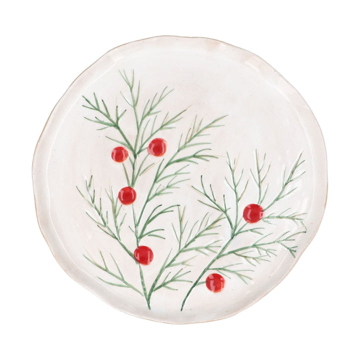 Fir &amp; Red Berries Stoneware Round Plate - 21cm