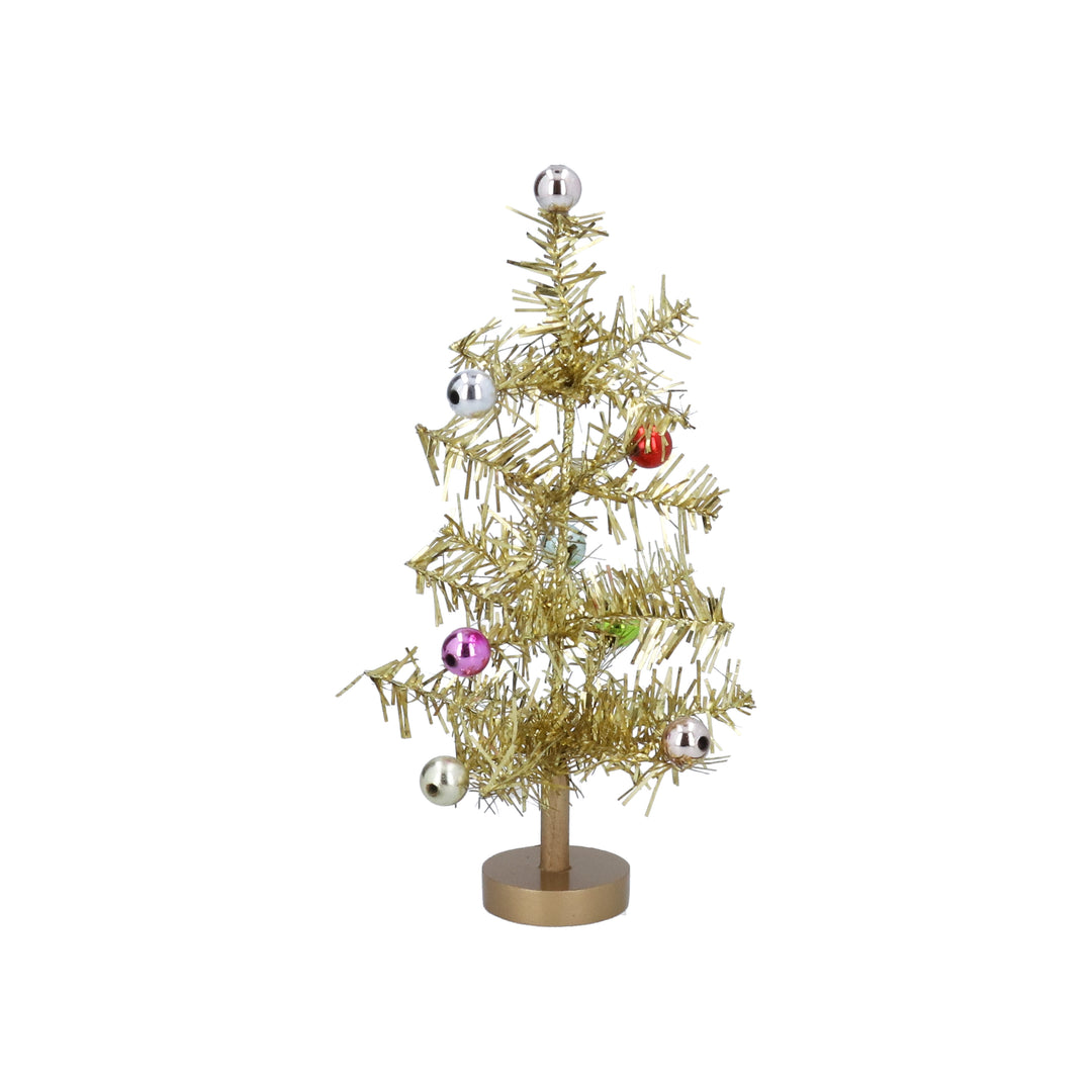 Gold Tinsel Christmas Tree with Baubles 25cm