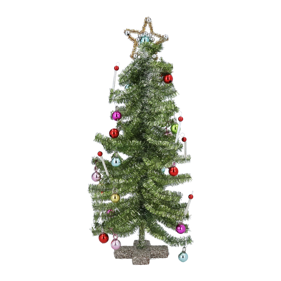 Green Tinsel Christmas Tree with Decorations 30cm