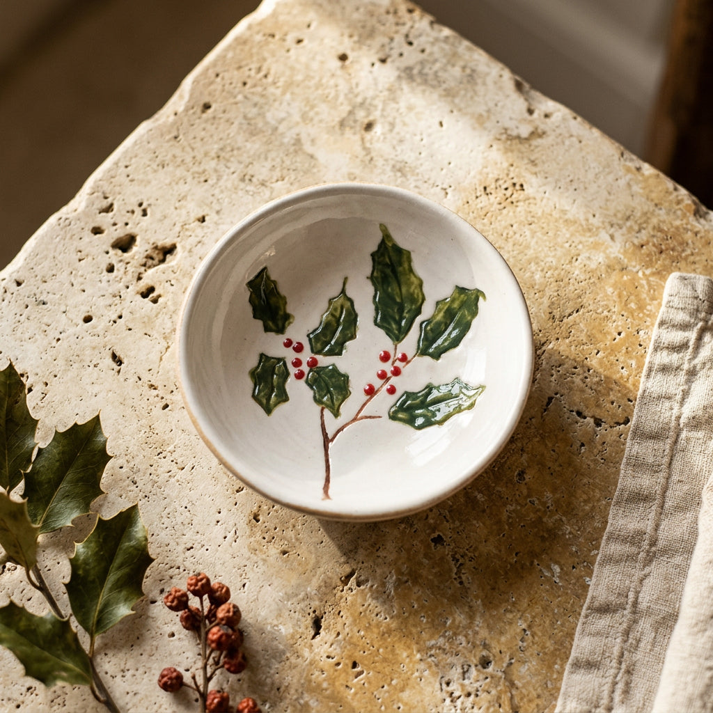 Holly &amp; Red Berries Small Stoneware Bowl - 11cm