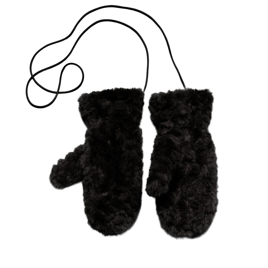 Faux Teddy Fur Mittens with Detachable Strap - Black
