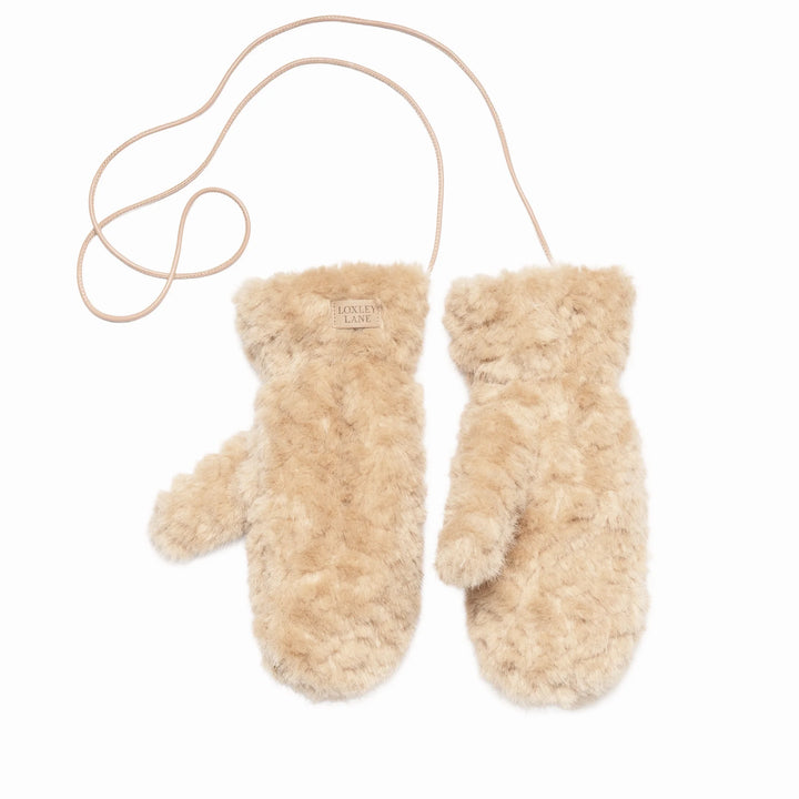 Faux Teddy Fur Mittens with Detachable Strap - Cream