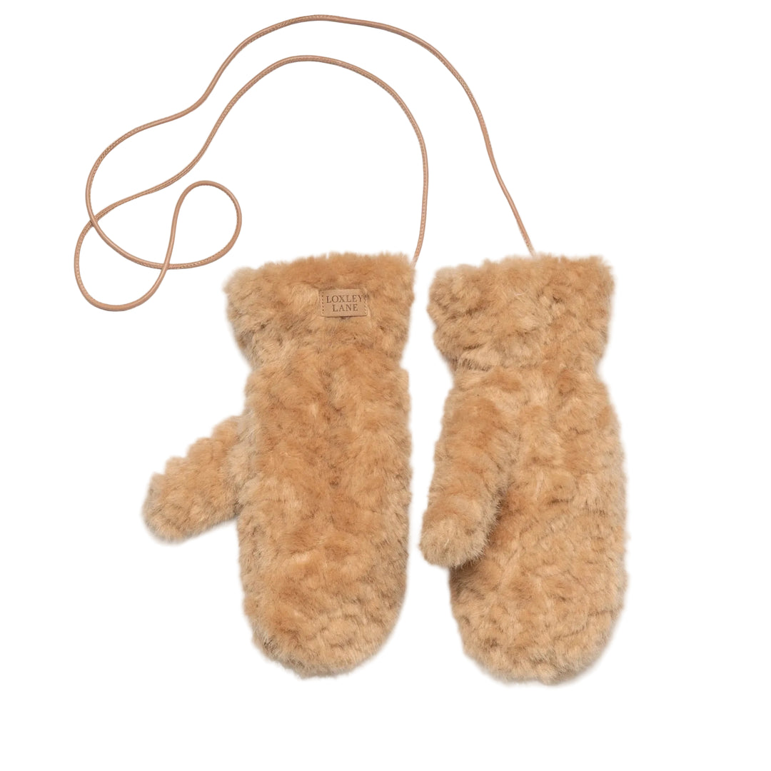 Caramel Faux Teddy Fur Mittens with Detachable Strap