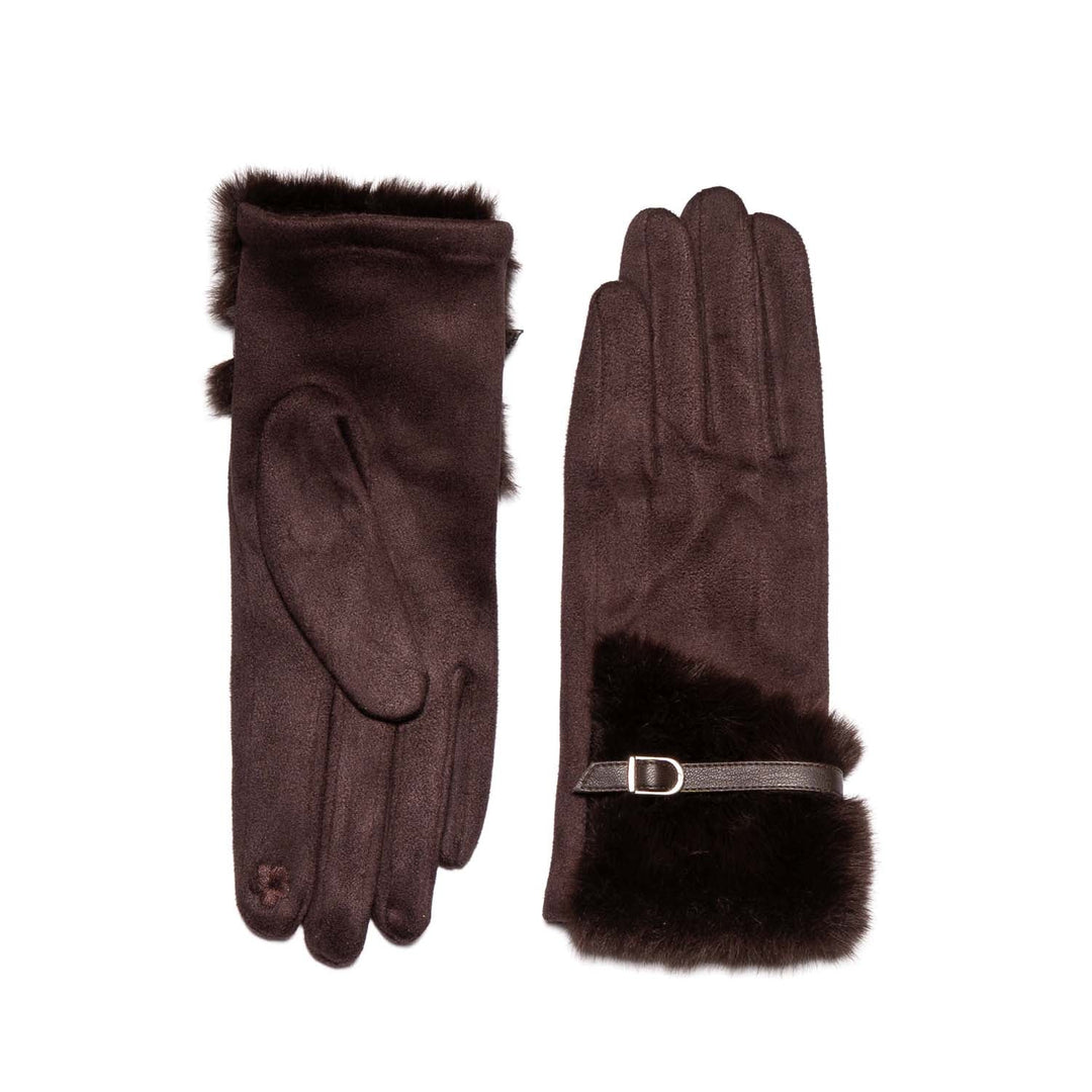 Chocolate Faux Suede Touchscreen Gloves with Faux Fur Cuffs