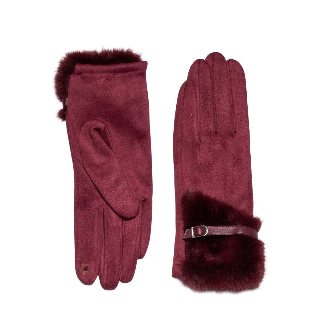 Burgundy Faux Suede Touchscreen Gloves with Faux Fur Cuffs