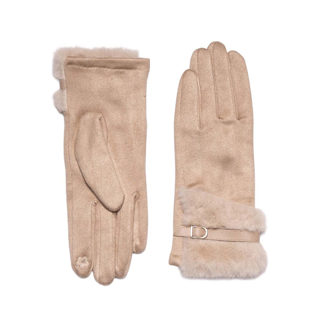 Cream Faux Suede Touchscreen Gloves with Faux Fur Cuffs