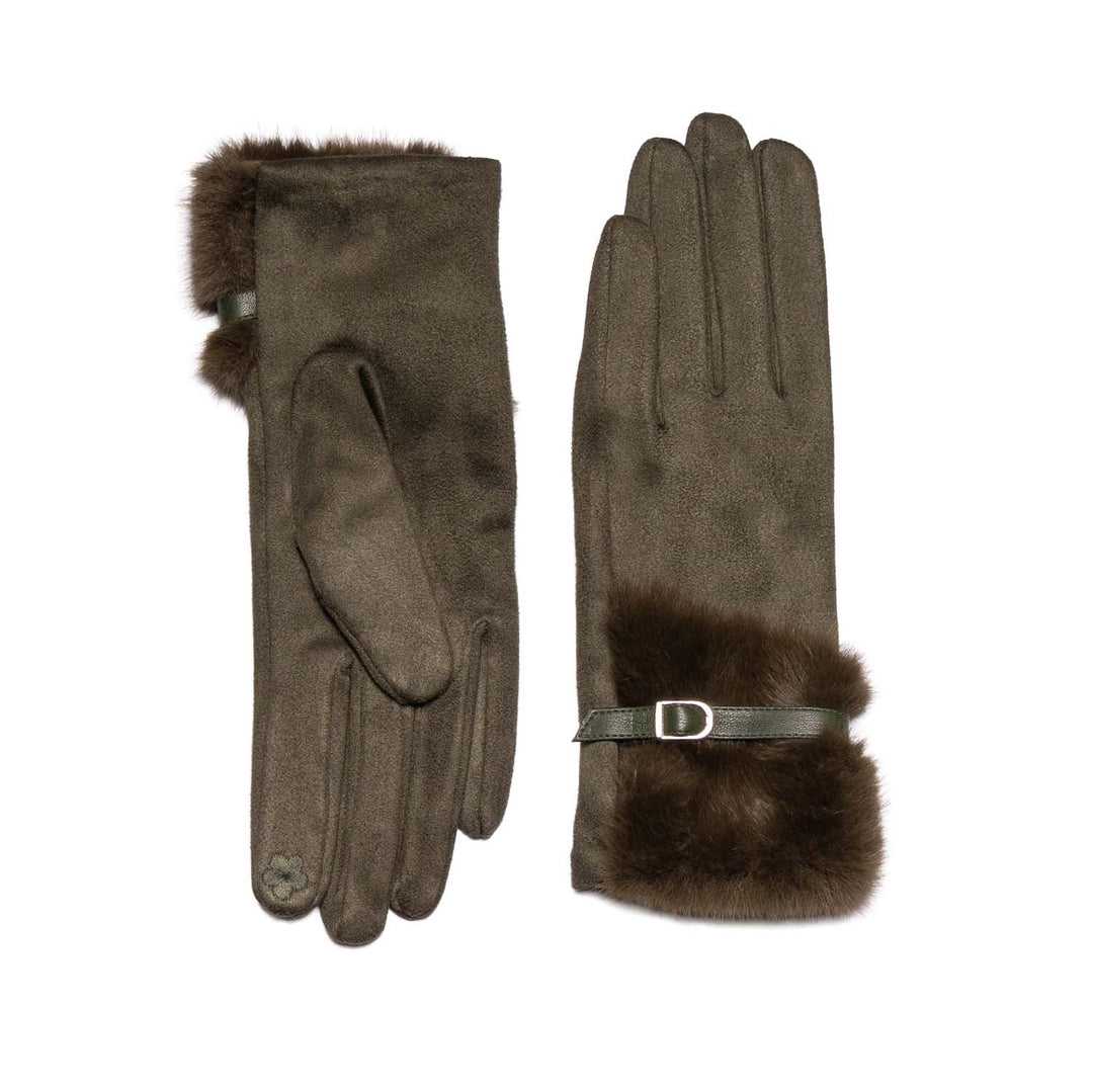 Olive Faux Suede Touchscreen Gloves with Faux Fur Cuffs