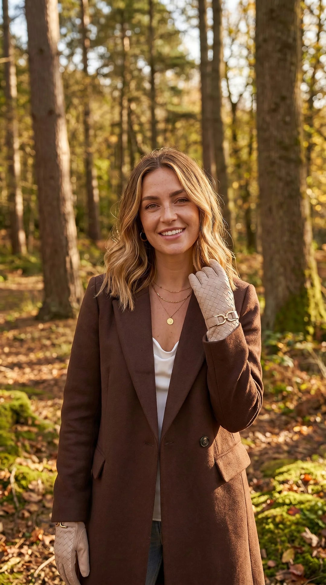 Cream Woven Faux Leather Touchscreen Gloves