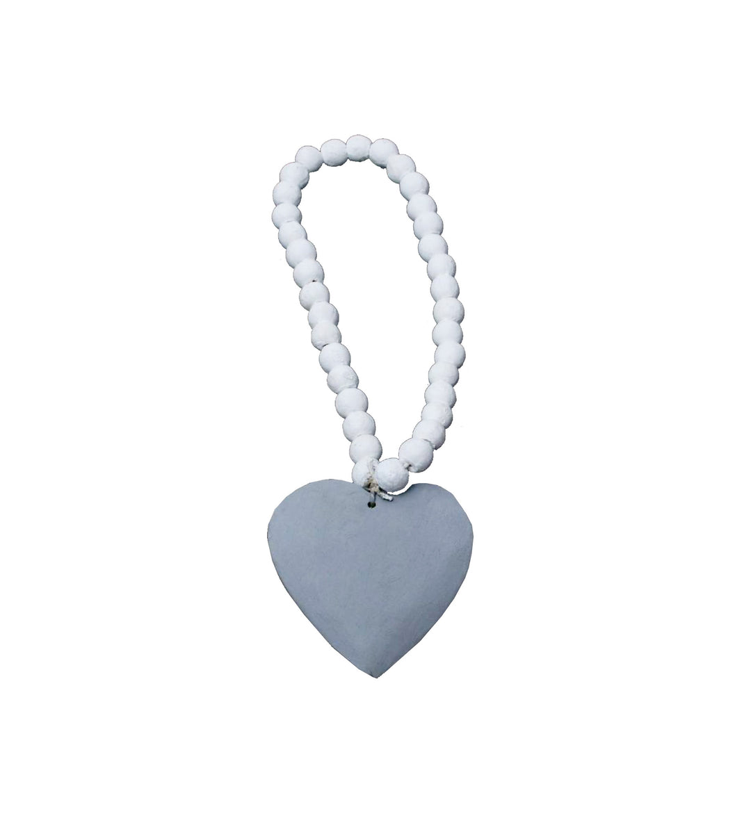 Hanging beaded wooden heart decoration in white and grey from Cornucopia Home and Gift, with beaded details and rustic style.
