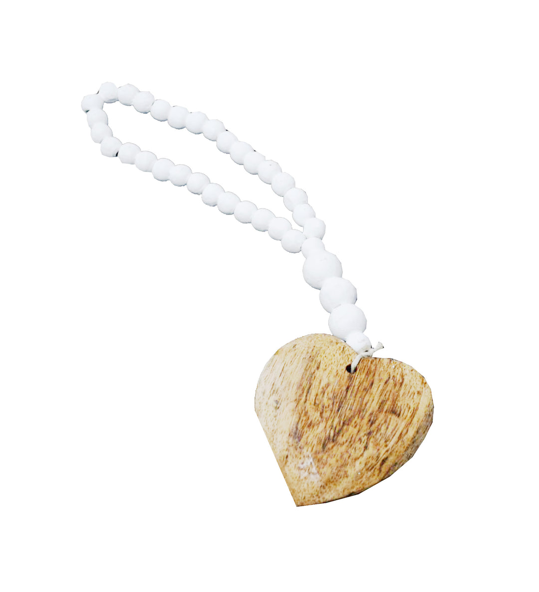 Natural wooden beaded heart decor by Cornucopia Home and Gift, featuring handcrafted wooden beads arranged in a heart shape.