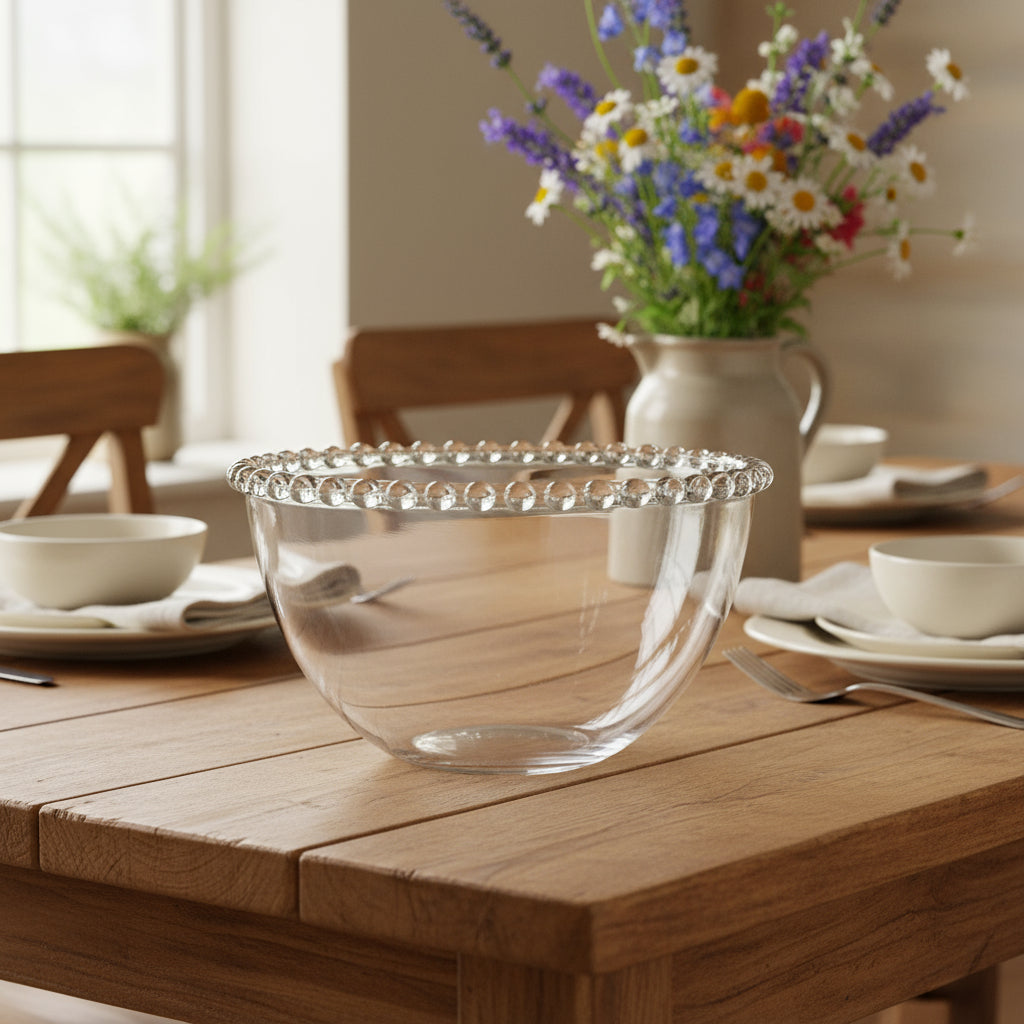 Pearl glass bowl by Cornucopia Home and Gift, decorative round bowl with a pearl-like finish, suitable for home decor or serving.