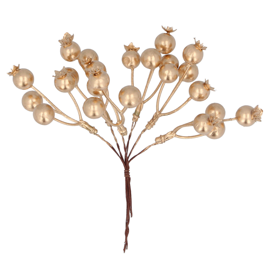 Gold rosehip bunch pick from Gisela Graham Christmas collection, featuring natural-looking matte gold roses and festive foliage.