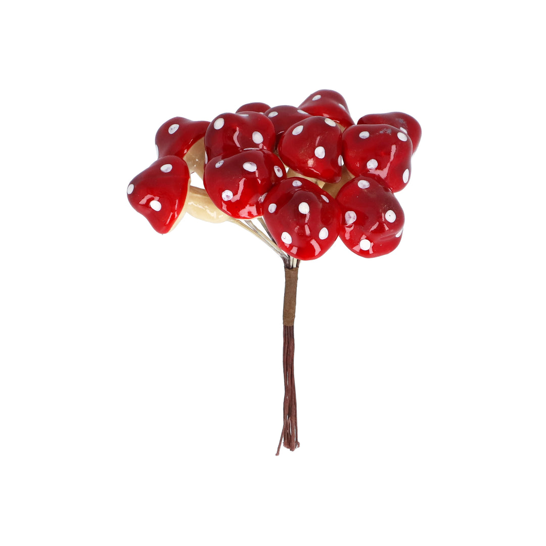 Gisela Graham Christmas toadstool pick bunch with 12 medium decorative red and white toadstools, ideal for holiday floral arrangements.