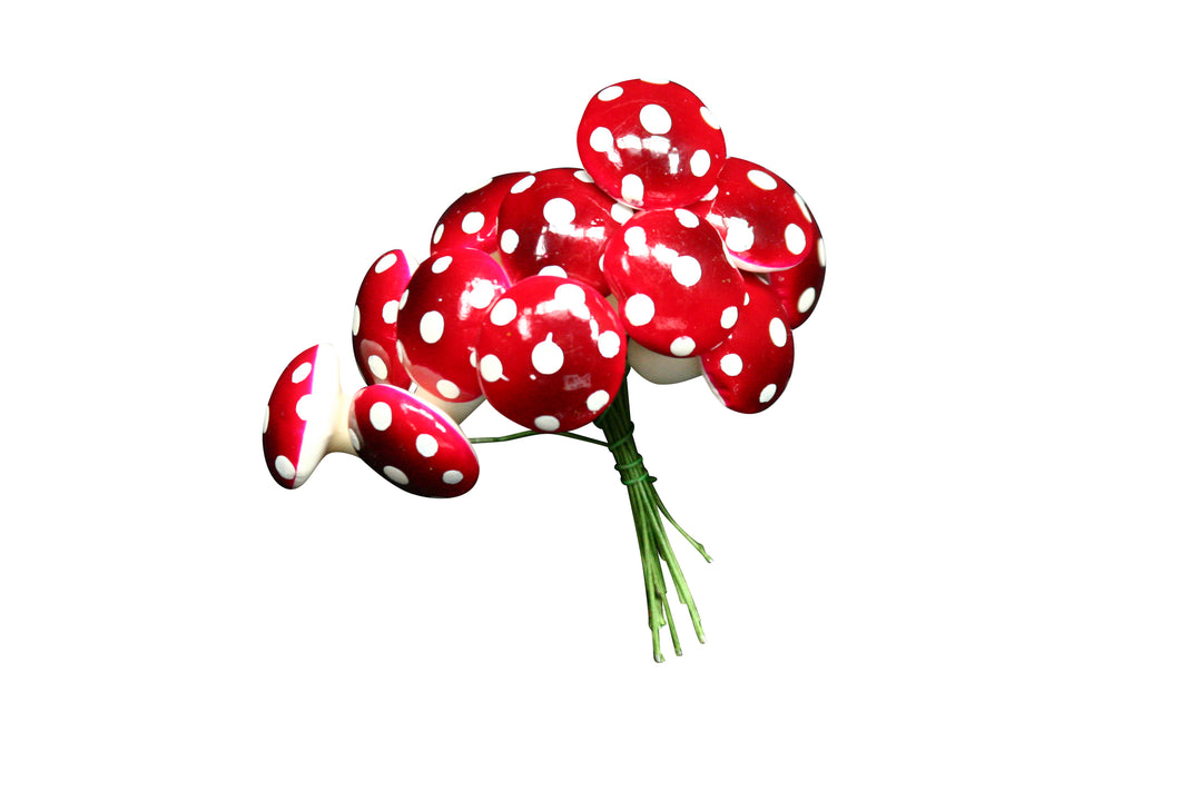 Gisela Graham Christmas acrylic toadstool pick bunch with 12 small decorative mushroom picks for holiday décor.