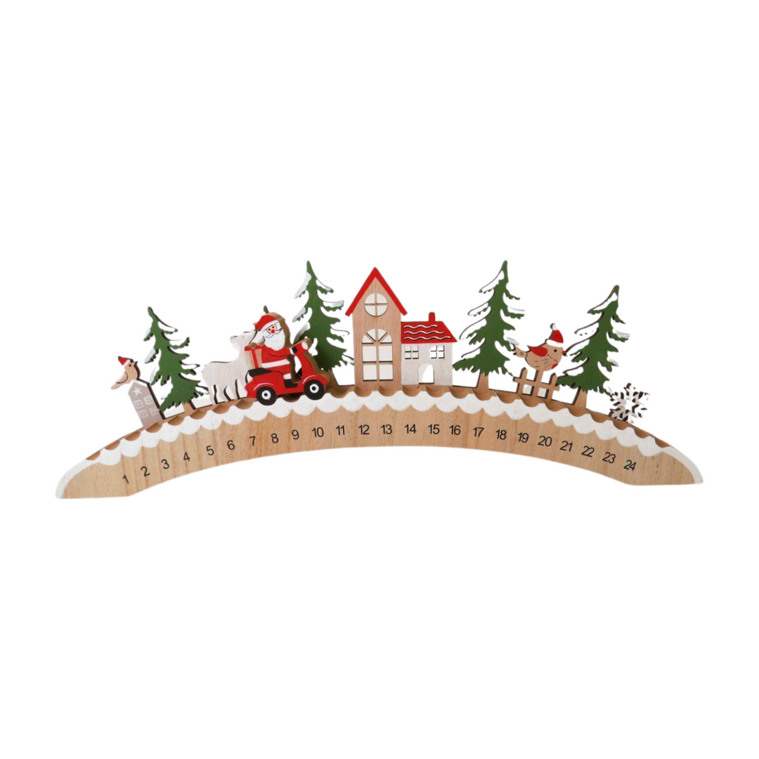 Wooden arch advent calendar by Cornucopia Home and Gift for Christmas 2025, featuring numbered doors on a rustic wooden arch.