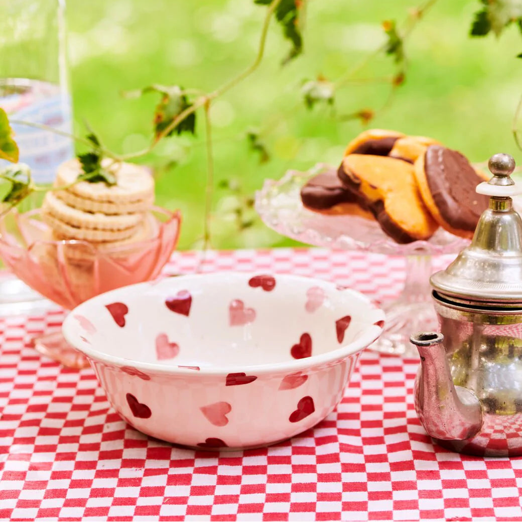 Emma Bridgewater pink hearts cereal bowl with a colorful heart pattern on white ceramic background.