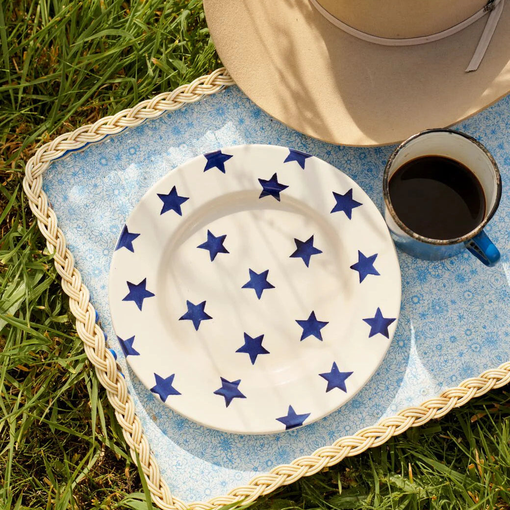 Emma Bridgewater Blue Star 8½ inch ceramic plate with a blue star design, detailed floral pattern, and a white background.