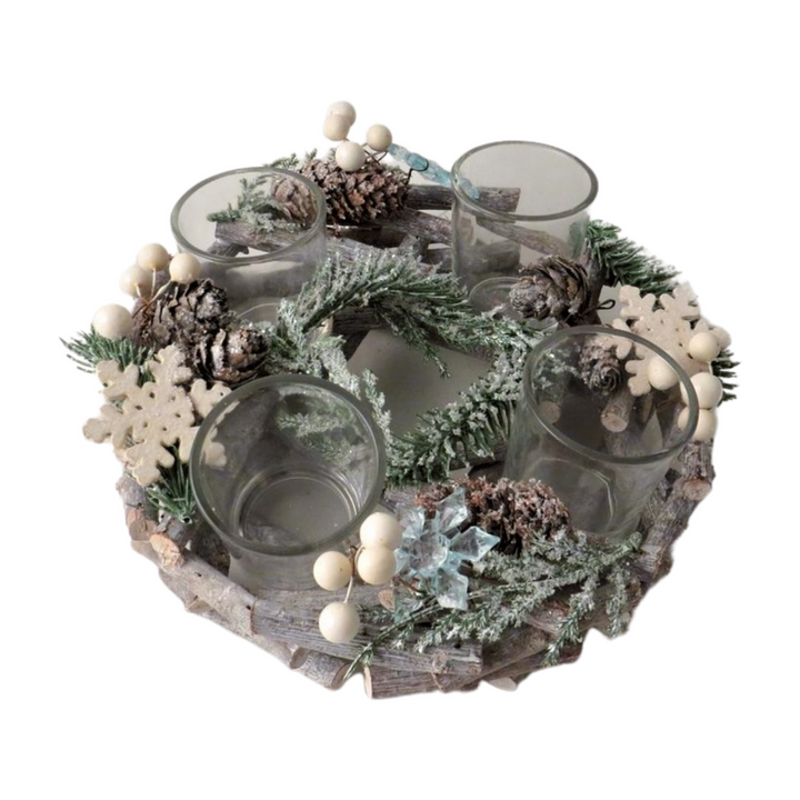 Cornucopia Home and Gift snowflake wreath tea light holder with intricate snowflake design, perfect for Christmas decor.