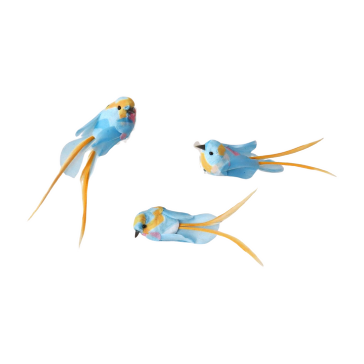 Colorful blue and yellow bird figurine on a clip, crafted by Cornucopia Home and Gift, suitable for giftware or decorative display.