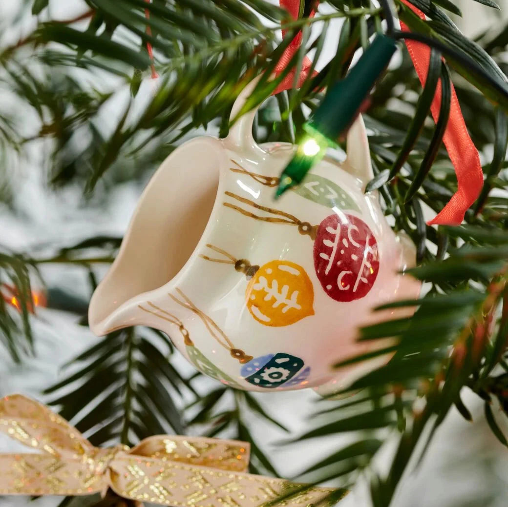 Emma Bridgewater Christmas Tiny Jug Baubles in a box, featuring festive ceramic ornaments with colorful patterns and holiday designs.