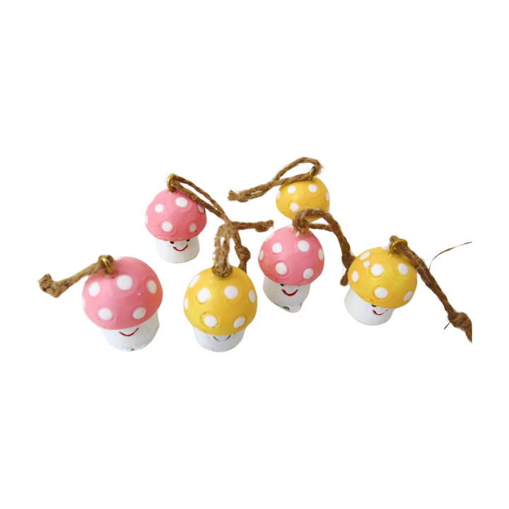 Set of 6 mini mushroom decorations by Cornucopia Home and Gift, colorful ceramic giftware ornaments for home decor.