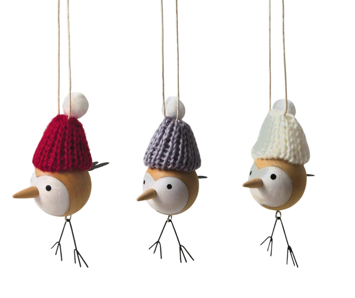 Wool Hat Wooden Bird Tree Decoration - 3 Assorted Designs