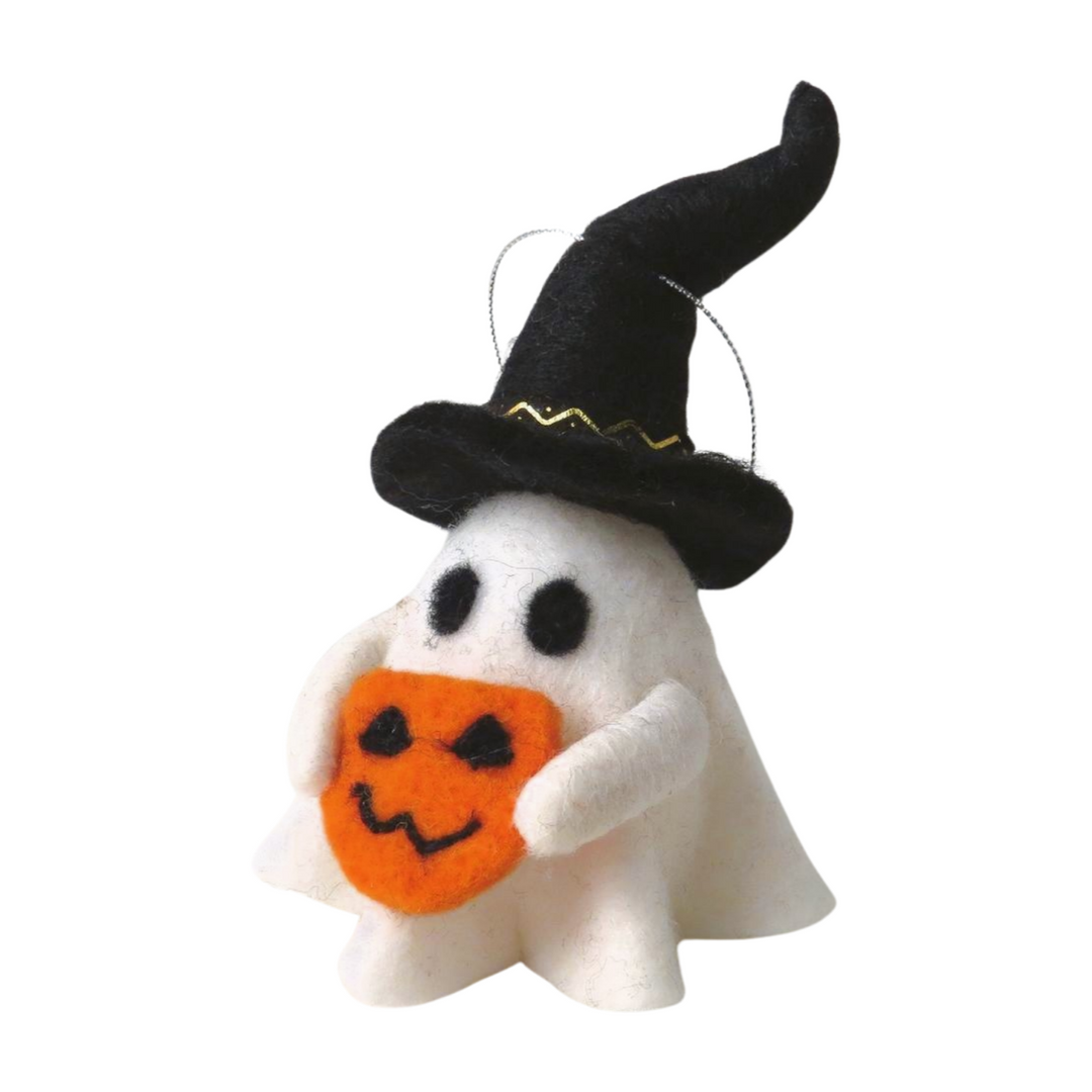 Ghost in witches hat hanging tree decoration from Cornucopia Home and Gift, featuring a spooky ghost figure in a witch hat.