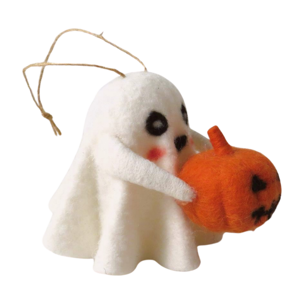 Large ghost Halloween hanging decoration with pumpkin, from Cornucopia Home and Gift, featuring spooky ghost and pumpkin details.