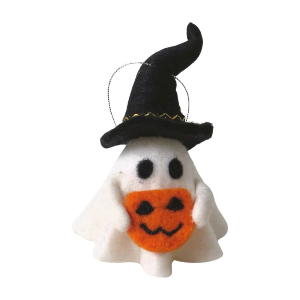 Ghost in witches hat hanging tree decoration from Cornucopia Home and Gift, featuring a spooky ghost figure in a witch hat.