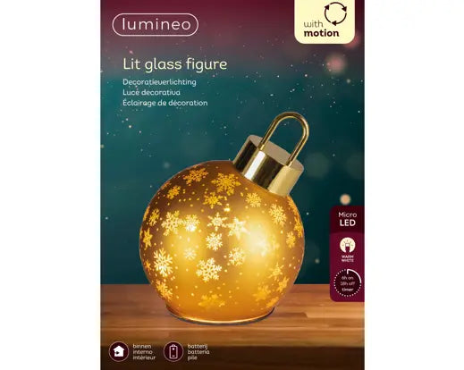 Gold Glass Bauble with Rotating Figure and Micro LED Lights