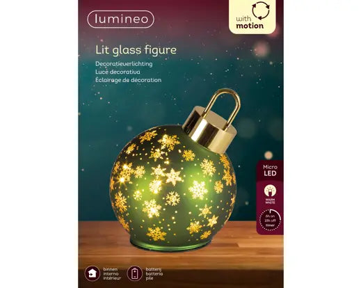 Green Glass Bauble with Rotating Figure and Micro LED Lights