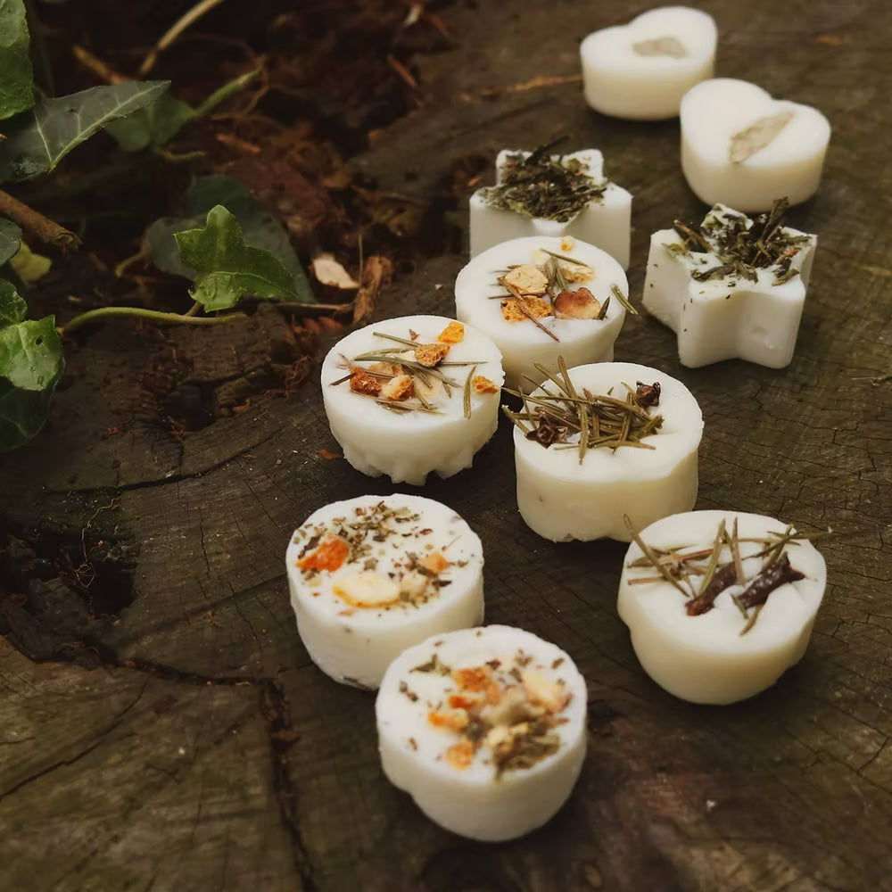 Set of 10 Freckleface wax melts by Cornucopia Worcester, showing colorful, scented wax pieces in a clear container.