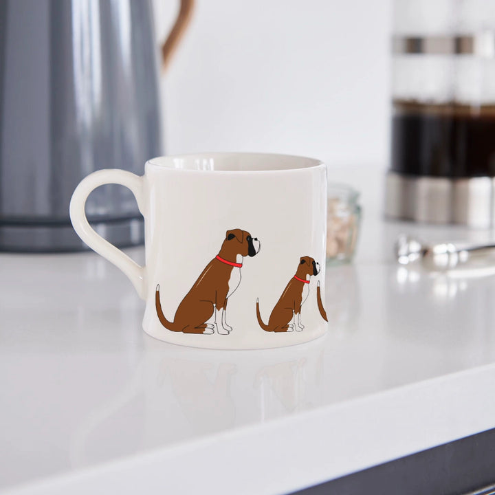Sweet William Boxer Dog Mug with adorable boxer dog illustration, perfect for dog lovers and coffee enthusiasts.