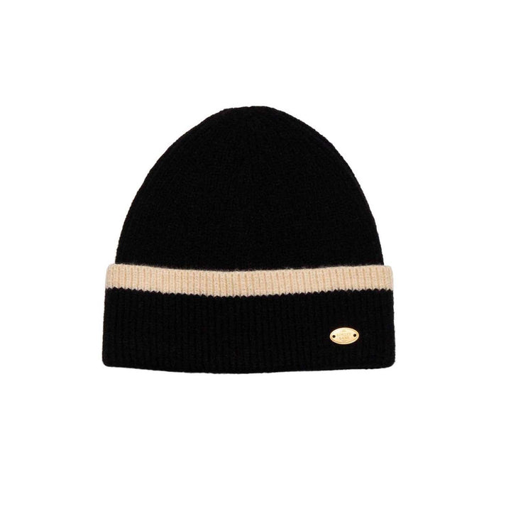 Black Knitted Beanie Hat with Cream Border