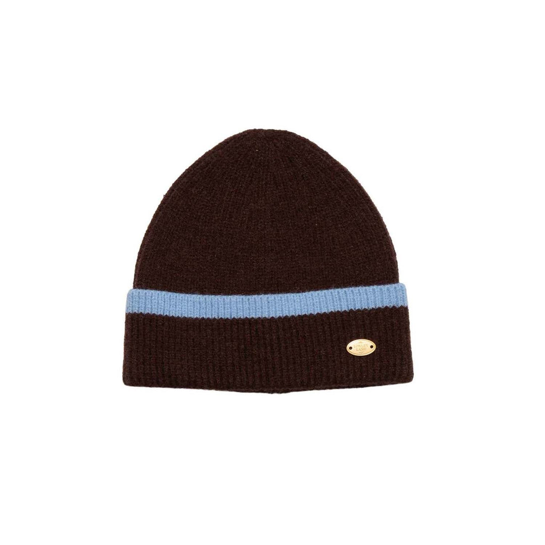 Chocolate Knitted Beanie Hat with Blue Border