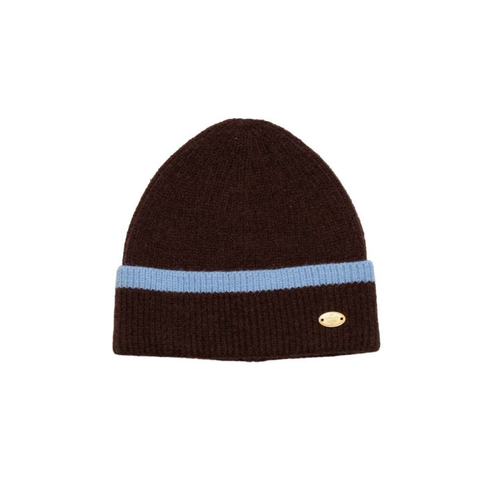 Chocolate Knitted Beanie Hat with Blue Border