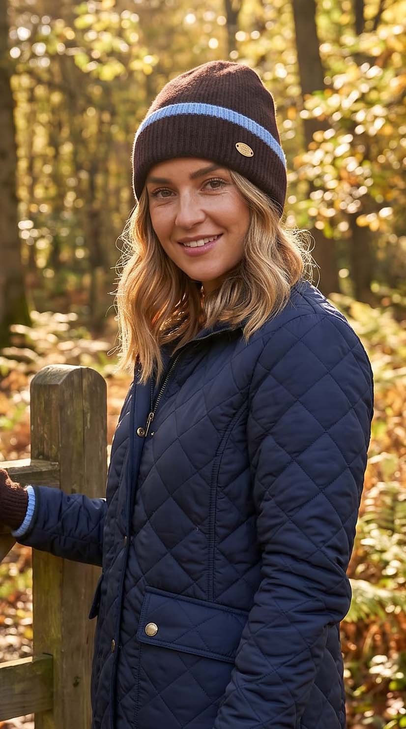 Chocolate Knitted Beanie Hat with Blue Border