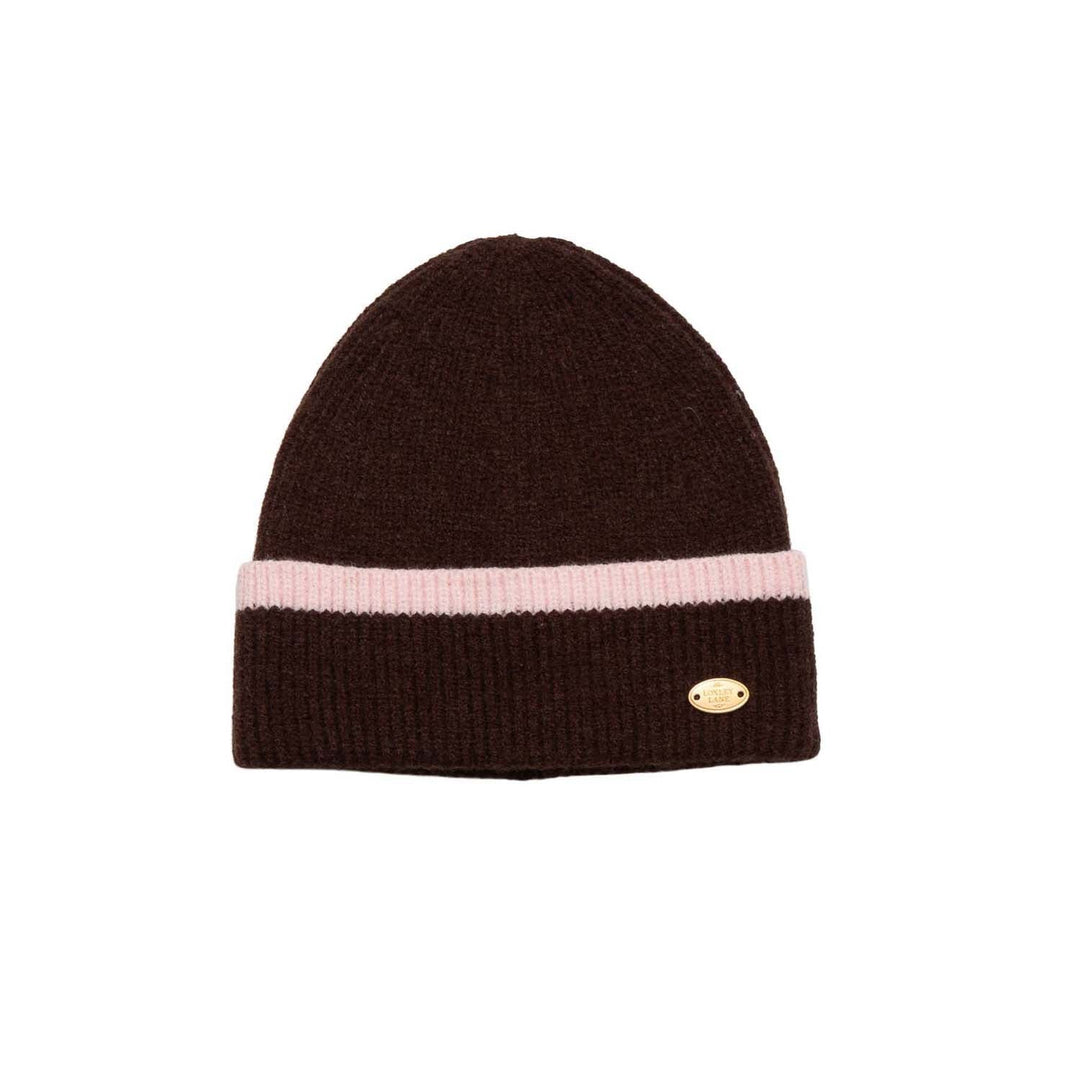 Chocolate Knitted Beanie Hat with Baby Pink Border