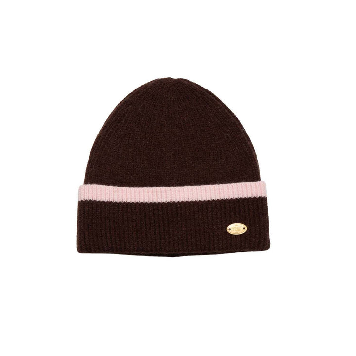 Chocolate Knitted Beanie Hat with Baby Pink Border