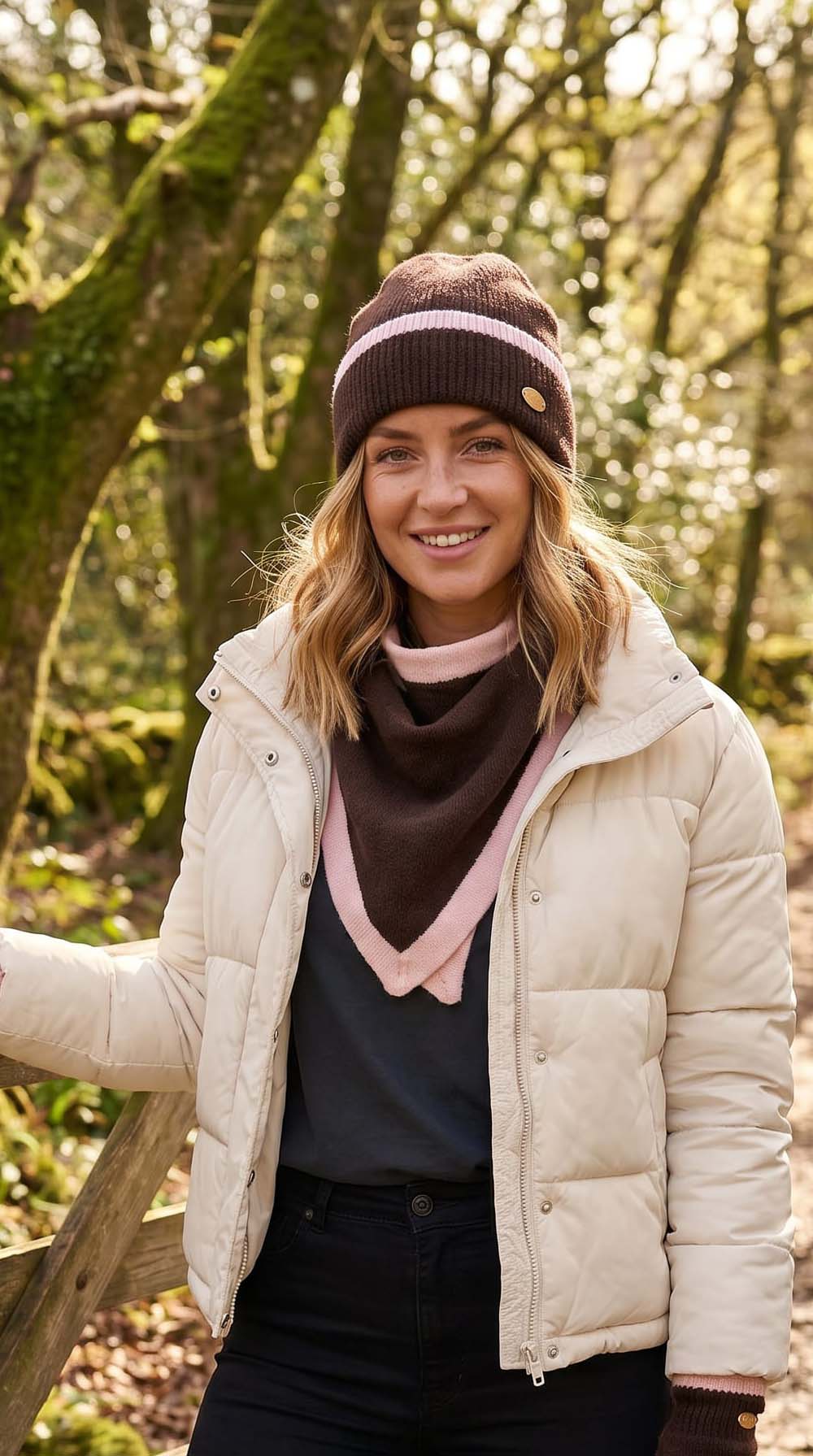 Chocolate Knitted Beanie Hat with Baby Pink Border