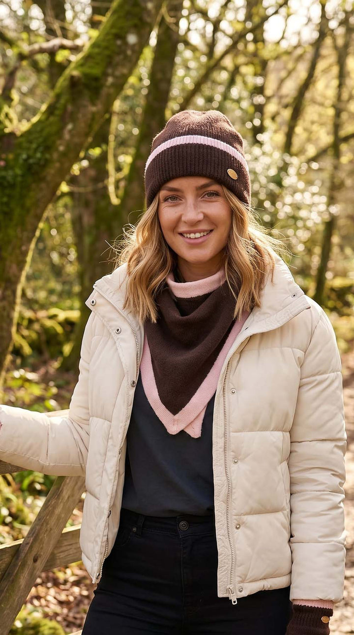 Chocolate Knitted Beanie Hat with Baby Pink Border