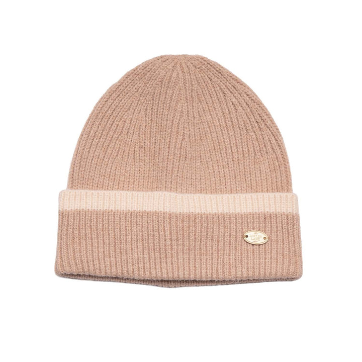 Caramel Knitted Beanie Hat with Cream Border