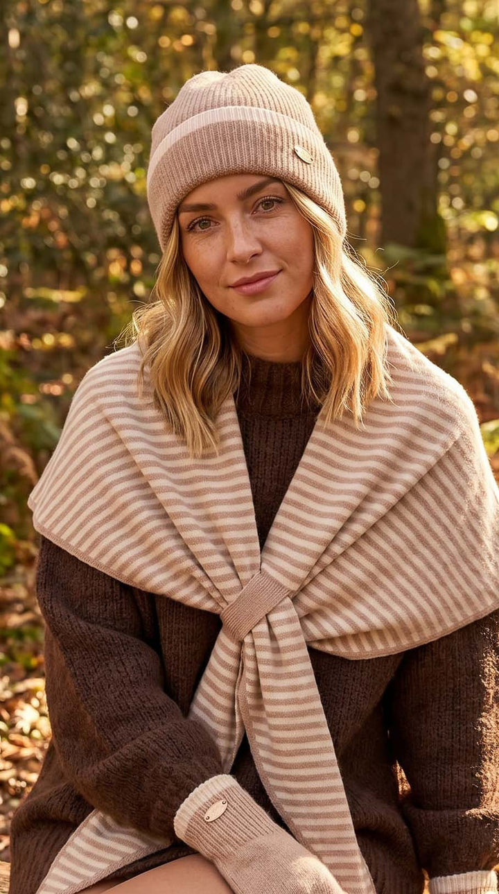 Caramel Knitted Beanie Hat with Cream Border