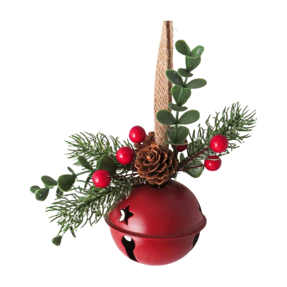 Red metal hanging bell from Cornucopia Home and Gift for Christmas giftware trading, featuring a rustic design and hanging loop.