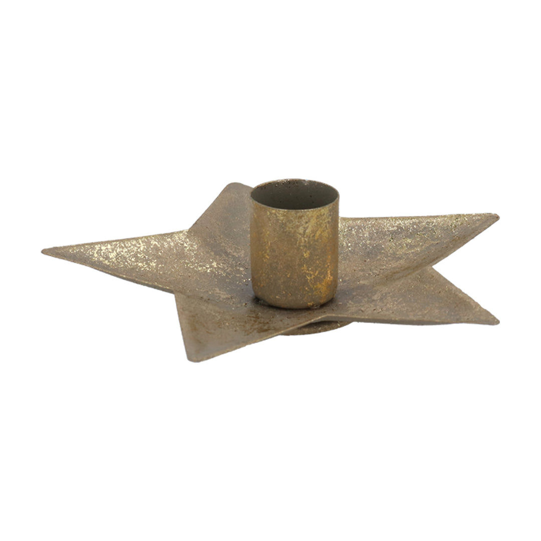 Small metal gold star shallow candlestick from Gisela Graham Christmas collection, decorative holiday table centerpiece.