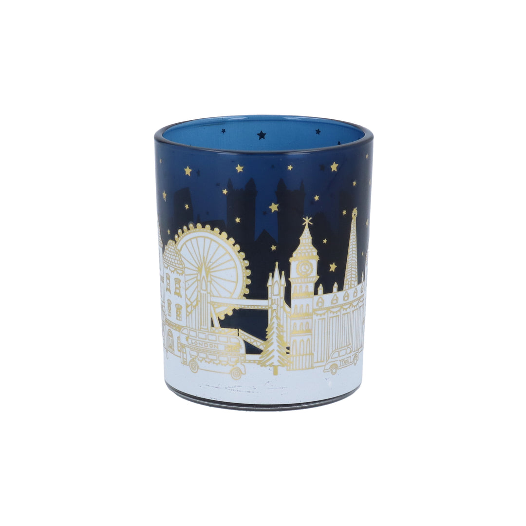 Gold London scene tealight holder with blue accents, Christmas-themed Gisela Graham design featuring intricate London landmarks.