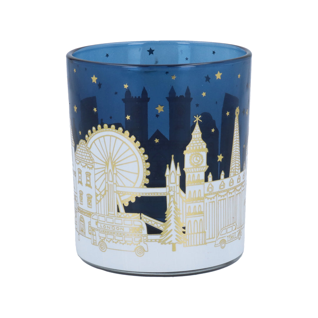 Gisela Graham Gold London Scene tealight holder with blue accents, decorative Christmas-themed tealight holder for festive decor.